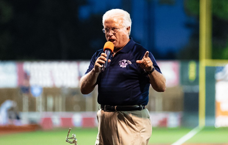 Commissioner Dennis Bastien Awarding the 2022 Prospect League Championship trophy to the Chillicothe Paints at VA Memorial Stadium in Chillicothe, Ohio.